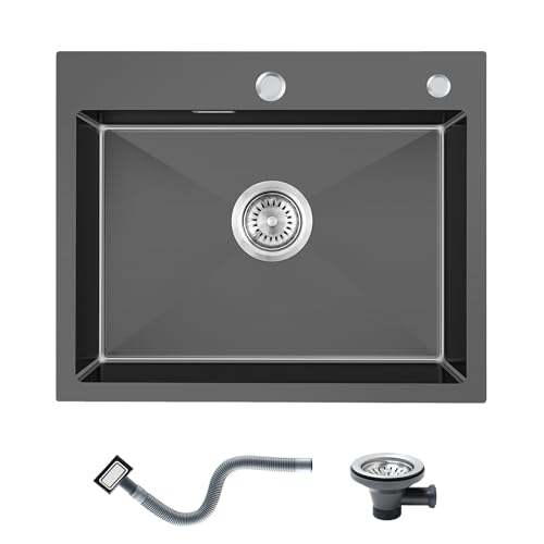 KINKIBOS Évier de cuisine, en acier inoxydable 304, 50 x 45 cm, noir et gris, à poser avec trou de robinetterie et trop-plein (sans siphon), 1 bac...