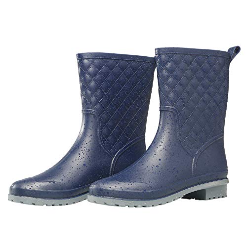 Petrass Women Rain Boots Black Waterproof Mid Calf Lightweight Cute Booties Fashion Out Work Comfortable Garden Shoes, Navy 8