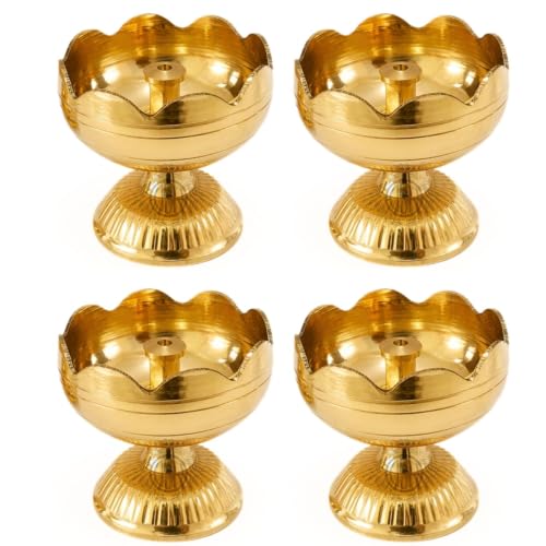 Image of Brass Diya Pure Brass Traditional Oil Puja Lamp for Temple, Mandir, Festival Decoration, Home Decor & Diwali Gift (Flower Bloom, Set of 4)