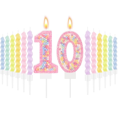 MTLEE Number 10 Birthday Candle with 12 Pcs Spiral Candles for Girls Macaron Pastel Rainbow Unicorn Pink Cake Topper for Sweet Theme Party Decoration