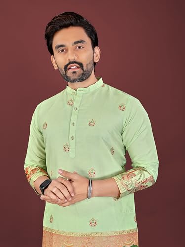 Image of Men's Cotton Silk Kurta with Jacquard Work Full Sleeves Floral Printed Side Slit and Mandarin Collar Neck | Kurta Pajama Set for Men Cotton Wedding | Short Kurta for Men