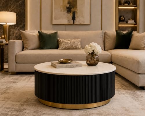 Image of Premium Luxury Marble-Top Wooden Center Table with Louvers & Acrylic Wooden Base | Premium Coffee Table for Living Room & Office (Black)