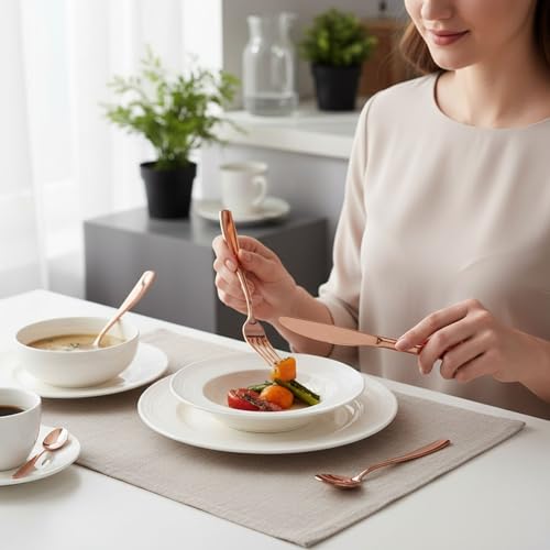 Image of 20 Pcs Rosegold Mirror Polish Stainless Steel Cutlery Set for Dining Table with Spoons and Forks Set + Butterknives - The Perfect Tableware /Flatware