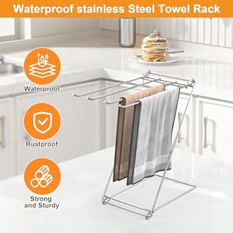 Kitchen Towel Holder Stand, 4-Arm Dish Towel Holder Countertop Towel Drying Rack for Bathroom, Free Standing Hand Towel Stand Washcloth Dish Cloth Drying Rack, Z-Shaped Folding Hanging Towel Bar Stand