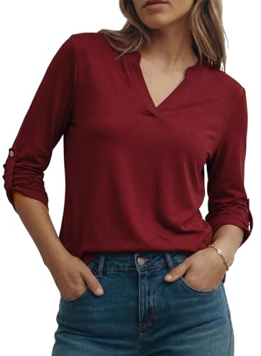 Image of Dokotoo Womens Tops Plaid Cotton Cuffed 3 /4 Sleeve Shirts Blouses