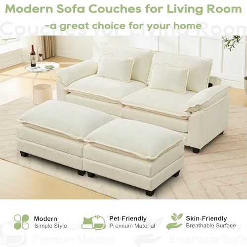 Image of 86 inch Modular Sectional Sofa, Comfy Deep Cloud Couch with Ottoman | Couches for Living Room, Sofa Bed, Modular Couch, Deep and Wide Seat, Chenille Sofa Sleeper with Throw Pillows, Beige White