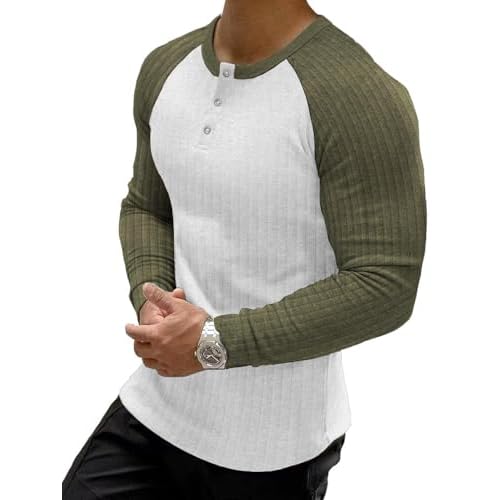 Muscle Cmdr Men's Ribbed Henley Shirt Short Sleeve Slim Fit Muscle Shirt Fitted Cotton Casual Long Sleeve Small White & Green