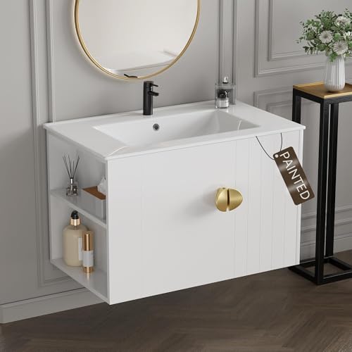 Findepot 30 Inch Floating Vanity Bathroom with Sink, White Bathroom