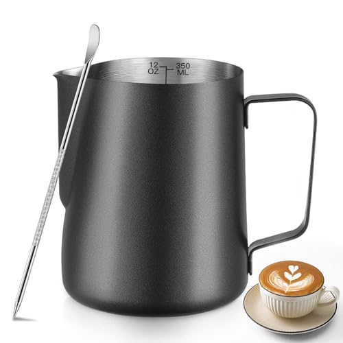 Milk Frothing Pitcher 12oz / 350ml Stainless Steel Steaming Jug with Decorating Pen Barista Milk Frother Cup for Latte Art Cappuccino Coffee (Black)