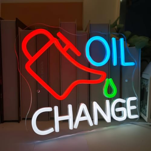 Image of Oil Change Neon Sign, Dimmable LED Neon Light Sign for Wall Decor, Mechanic Themed Neon Wall Light for Garage, Auto Shop, Man Cave, Bar, Bedroom, Game Room, Gift for Car Lovers Mechanics (OIL CHANGE)