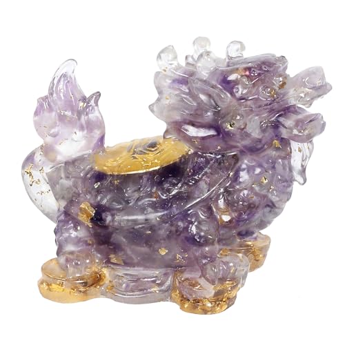Nupuyai 2pcs Amethyst Crystal Stone Animal Statue Gold Coin Dragon Turtle Figure Set