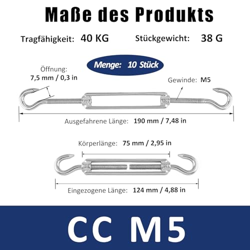 Tensor de cuerda tensor de 10 unidades, M5, tensor de cuerda de acero inoxidable 304, gancho ajustable CC, gancho tensor para valla de jardín, toldo, bricolaje, plata - imagen 4