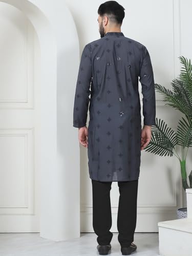 Image of SOJANYA (Since 1958 Men's Cotton Silk Sequinned Neck Embroidered Kurta with Black Pyjama