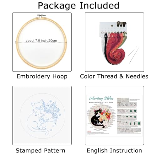 Image of Nuberlic Black Cat Flowers Embroidery Kits for Beginners, DIY Cross Stitch Starter Craft Kits for Adults Including Cloth with Pattern, Hoop, Needles Instruction and Threads