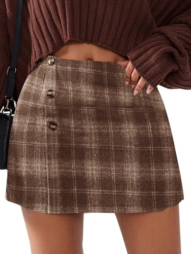 EXLURA Womens Faux Wool Plaid Mini Skirts Fall Winter Bodycon Skirt Pockets - image 1