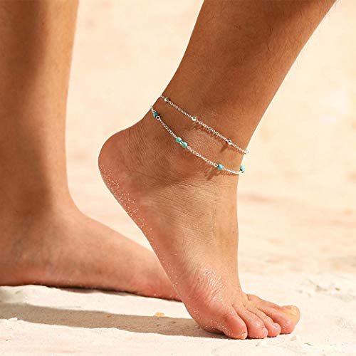 Aimitery Boho Layered Anklets Silver Turquoise Sandal Bead Ankle Bracelet Pendant Chain Jewelry for Women and Girls