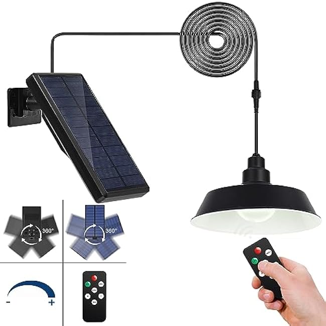 Solar Pendant Lights Outdoor, Solar Shed Light with 360¡ã Adjustable Panel, Dimmable Lighting with Remote Control, 16.4ft Cable IP65 Waterproof for Patio, Garage, Camp, Chicken Coop, Barn