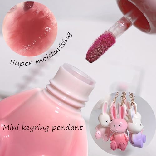Bekoeen 3Psc Rabbit Key chain Jelly Lip Glaze,Moisturising Crystal Keychain 2 in 1Lip Glow Gel,Sparkling Lipgloss Liquid Lipstick Set, Hydrating Sweet Lip Gloss Set
