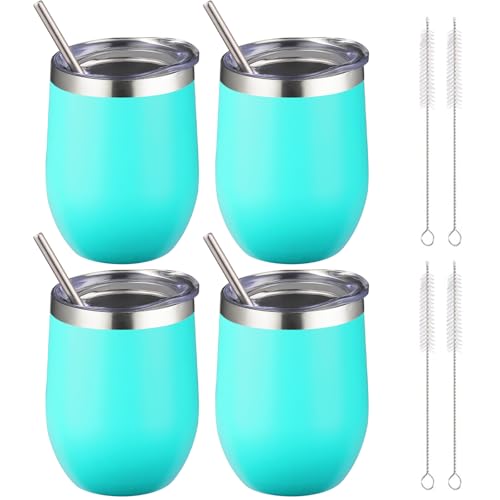 Image of 12 oz Insulated Wine Tumbler with Lid and Straw,Stainless Steel Stemless Wine Tumbler Glasses Double Wall Vacuum Wine Cups Tumbler Bulk for Coffee,Champaign,Office(Mint Green,4)