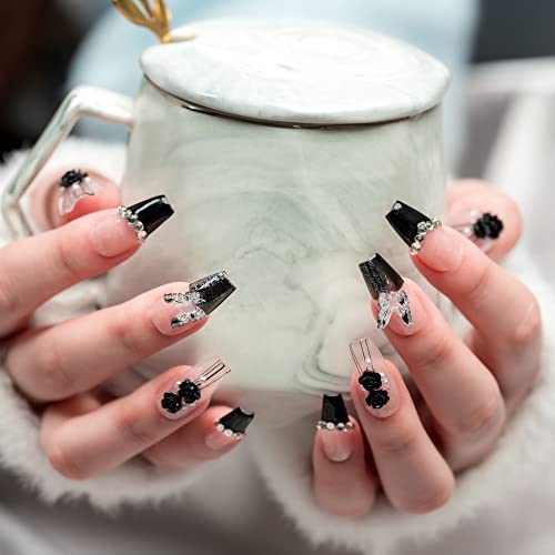 Sun&Beam Nails Handmade Long Coffin Ballerina Nude False Nail Tips with Cute 3D Black Flower Butterfly Diamond Popular Charm Design Press On Nails 10 Pcs (#69 XS) - Image 4