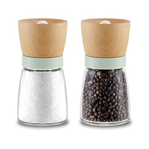 Vevouk Wood Salt and Pepper Grinder Set,Adjustable Coarseness Ceramic Peppercorn Mill ,Wooden Hand Grinder Mill Refillable Sea Salt Spice Grinders,Green Color Table Salt Shaker, Home Gift Cover
