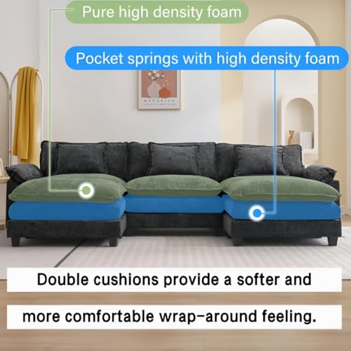 Image of Modern U Shaped Sectional Sofa, Plush Chenille Upholstery, Extra Deep Seats with Throw Pillows for Living Room Office Hotels (Black)