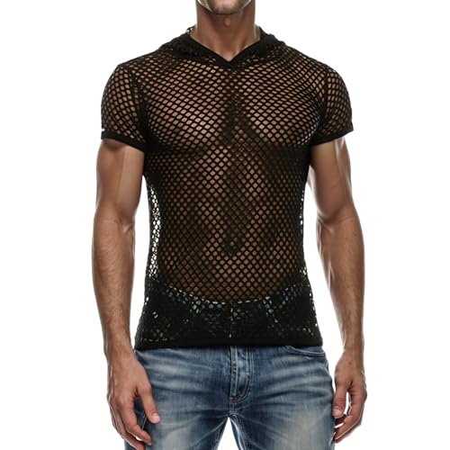 Men's Fishnet Sheer Mesh Short Sleeve Hoodie Pocket Front Hooded Sweatshirt Clubwear