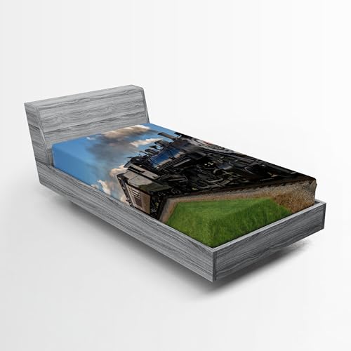 Ambesonne Steam Engine 2 Pack Fitted Sheet, Countryside Train, Bed Cover All-Round Elastic Deep Pockets 2 Pieces, Package Contains 2 Twin Size Fitted Sheets, Blue Green