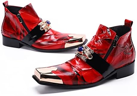 Santimon Mens Fashion Chelsea Boots Leather Luxury Casual Square-Toe Metal Tip Dress Shoes Red 9 | Image 5