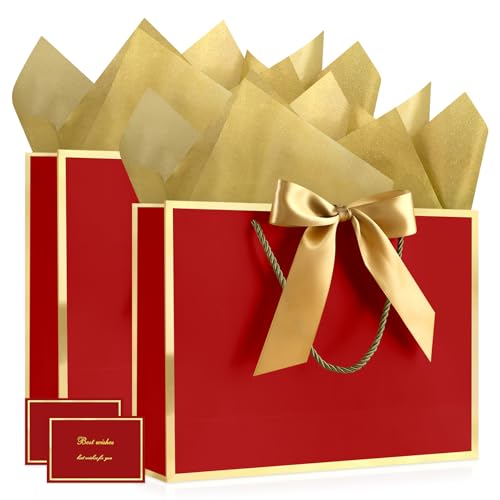 Image of JMANNI Gift Bags with Handles, 11 inch Small Gift Bags with Tissue Paper | 2 Pcs Red Bags, 4 Tissue Paper and 2 Cards, for Baby Shower, Wedding Bridal Shower, Birthday Party