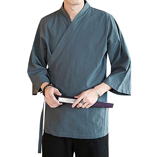 Image of Men's Chinese Style Linen Cardigan Jacket loose kimono Jacket Solid Color Self-tie Hanfu Traditional Clothing