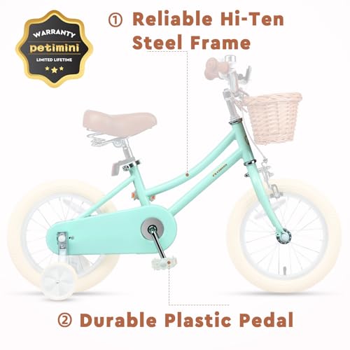 Image of Petimini Vintage Kids Bike for Girls, 12-20 Inch Classic Bicycle with Wicker Basket & Bell, High Tensile Steel Frame, Training Wheels (12-18 inch), 85% Pre-Assembled, Retro Bike for Outdoor Riding