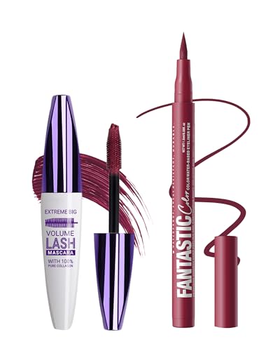 Burgundy Wimperntusche & Eyeliner Set, 5D Silk Fiber Telescopic Mascara Volumen und Länge, Schnelltrocknend Liquid Eyeliner, Langlebig, Wasserfest, Wischfest, Hochpigmentiert Augen-Make-up für Cosplay