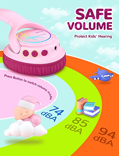 iClever Kids Bluetooth Headphones with LED Lights, BTH18 Safe Volume 74/85/94dBA, 43H Playtime, Bluetooth5.3 Kids Headphones Wireless Aux Cord for iPad/Tablet/Travel/School, Pink