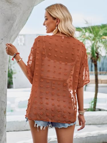 Womens Summer Open Front Half Sleeve Lightweight Swiss Dots Cardigan Loose Kimono Sheer Beach Cover Up4