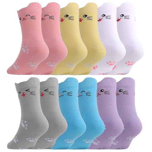 Jspupifip 6 Pairs Kids Girls Pink White Crew Athletic Socks with Stripes Hearts Casual Stretchy Socks for Girls and Boys (US Age 9 Years 12 Years white gray purple pink yellow blue(cat))