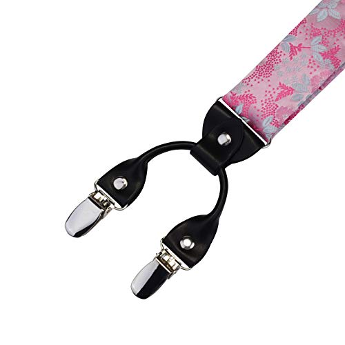 Image of GUSLESON Adjustable Plaid Floral 6 Clips Y Shape Suspenders Pre-tied Bow Tie and Pocket Square Set with Gift Box