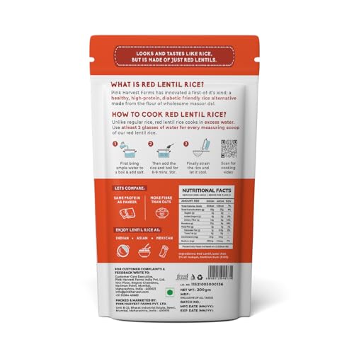 Image of Pink Harvest Farms Red Lentil Rice Alternative, 200g | Diabetic-Friendly | High Protein | Low GI | Gluten-Free | Plant-Based | Healthy Rice Substitute (Pack of 1)
