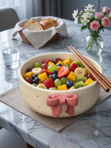 Image of The Earthystone Pink Bow Ceramic Bowl, 300 ml