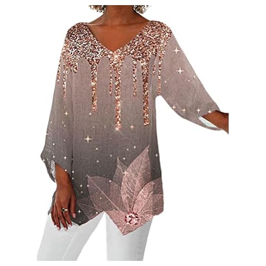 Onsoyours Femme Tunique À 3/4 Manches Longues Chemise Élégant Imprimée Blouses Casual Vintage Ample Swing T-Shirt Grande Taille Comfortable Chemisier Hauts Pullover A16 XXL