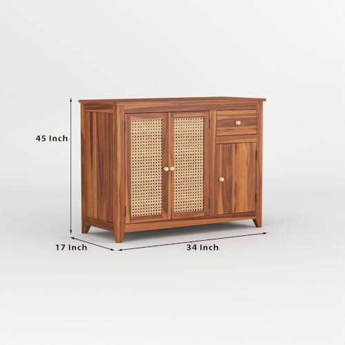 Image of Solid Sheesham Wood Sideboard Cabinet for Living Room | Crockery Cabinet with 2 Rattan Cane Door | Kitchen Display Unit 2 Rattan Cane Doors,1 Door Cabinet & 1 Drawer (Honey Finish)