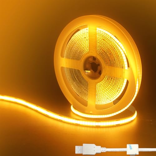 Clearhill 5V USB COB LED Strip Lights,6.56FT/2M,Orange,320LEDs/M,8mm Width,Not Waterproof IP20,1M USB Cable,Flexible LED Tape Light for DIY Home Indoor Decoration