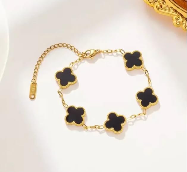 Image of STYOLLO Four-Leaf Clover Anti Tarnish Bracelet for Women & Girls Stylish | Elegant Gold-Plated Lucky Charm Jewelry | Aesthetic Enamel Design Adjustable Chain Bracelet for Daily, Gifting & Festive