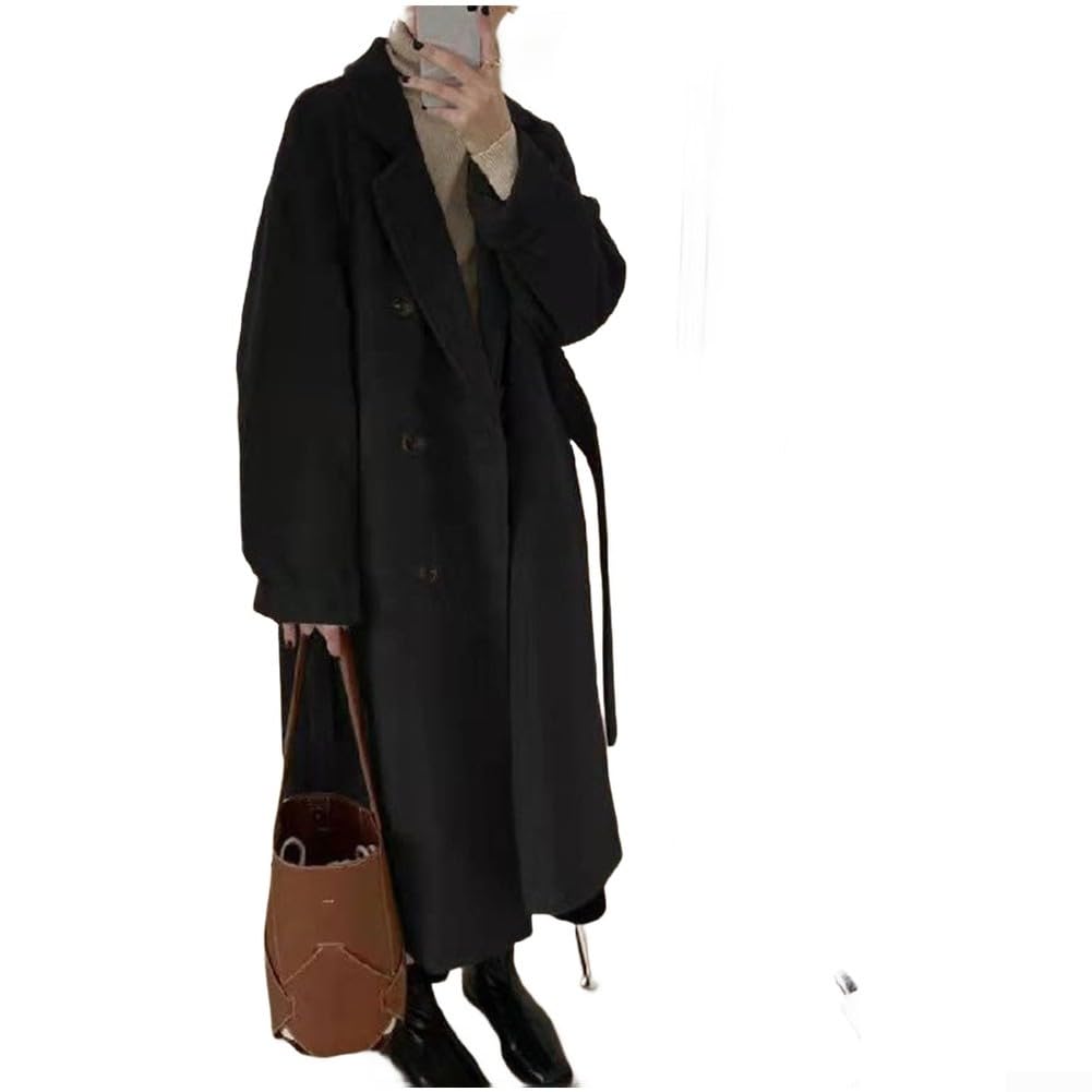 Trench mi-long en laine pour femme avec coupe ample et tissu épais, manteau adapté pour la rue décontractée et les fêtes
