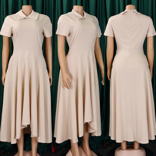 Image of Women A-Line Long Dress Polo Collared Short Sleeve Plus Size Casual Dresses Flared Swing Dress Elegant Maxi Dresses