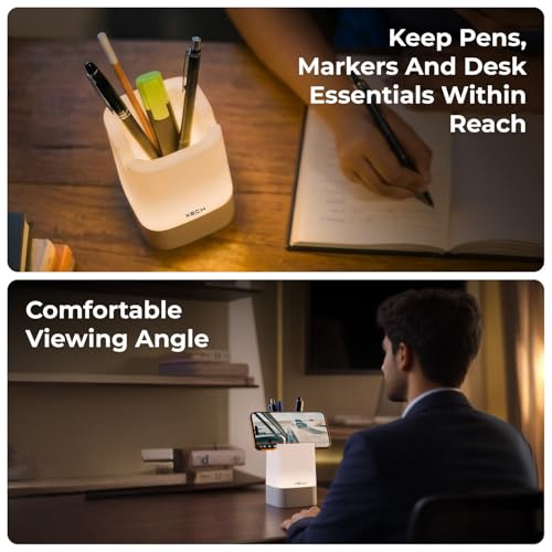 Image of Xech Pen Stand with Ambient Night Light & Mobile Holder | 3-Colour Ambient Light, Touch Control | Rechargeable Night Lamp for Office, Study & Bedside (Nova)
