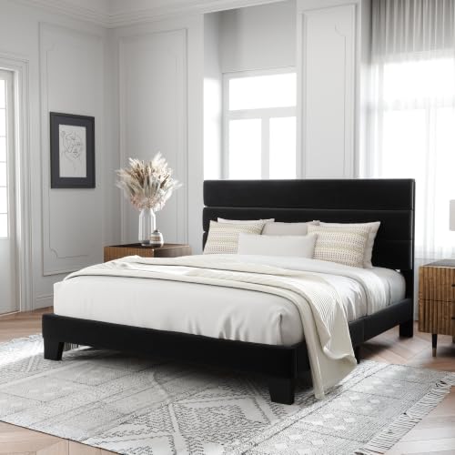 Image of Allewie Cal King Size Platform Bed Frame with Velvet Upholstered Headboard