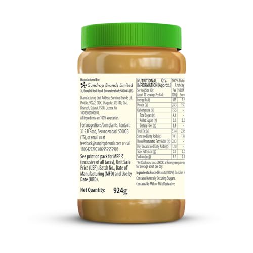Image of Sundrop Peanut Butter Natural | Crunchy | 924 grams | With 28% Protein | No Added Hydrogenated Oil, Sugar and Salt | Good for Heart Health | Great Value per Gram of Protein (Pack of 3)
