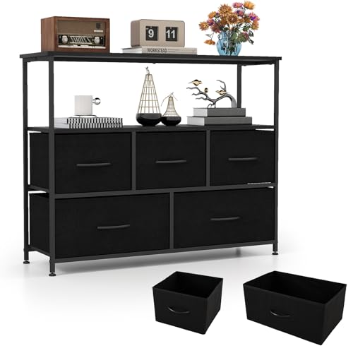 KOMFOTTEU Cajonera con 5 Cajones Plegables de Tela, Cómoda para Dormitorio con 2 Estantes Abiertos, Armario Organizador con Estructura Metálica, Mueble de Almacenamiento para Salón, Oficina (Negro)