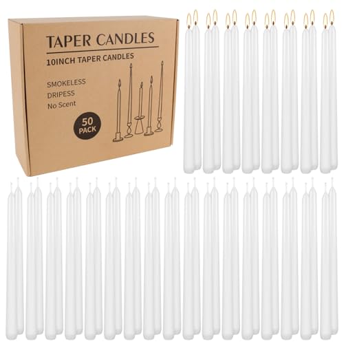 WPONSZU 50 Pack White Taper Candles 7-8 Hours Burn Time Unscented Smokeless and Dripless 4/5 x 10 Inch for Christmas Household Dinner Wedding Valentines Day Party and Home Dcor Candlesticks